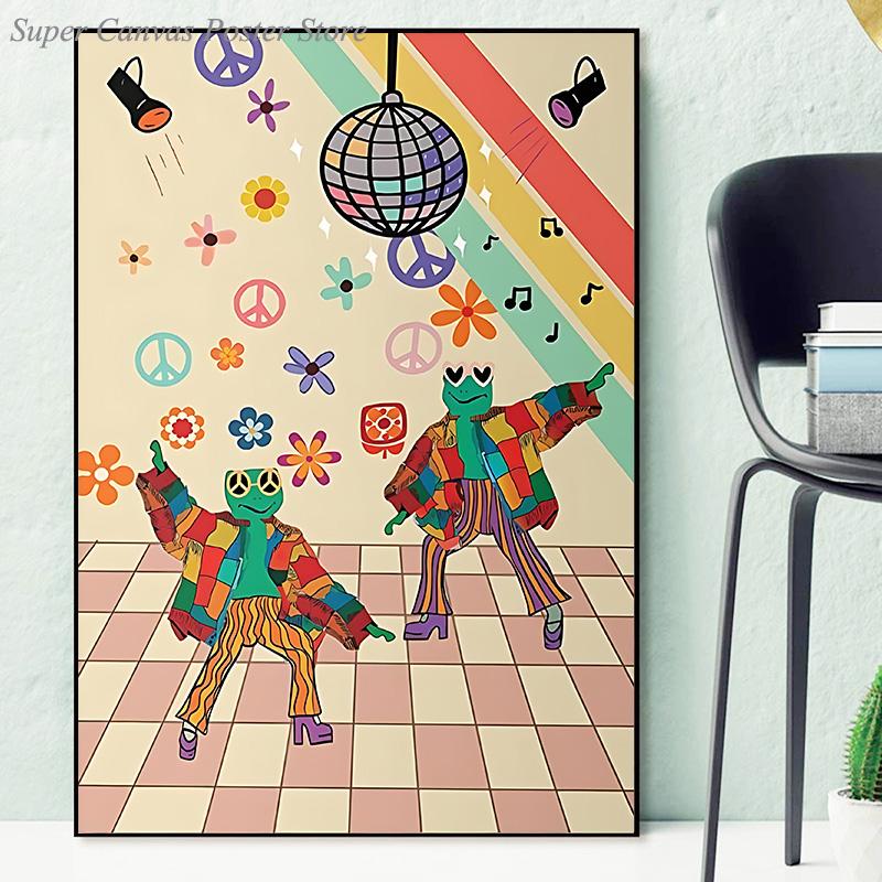 Забавная лягушка, дискотека, триповый постер, холст, картина, ретро 70 s, хиппи, диско-шар, танцующие лягушки, настенное искусство для гостиной, домашний декор