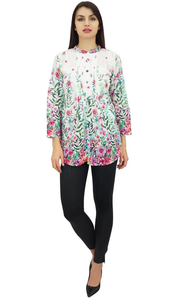 Phagun Womens Floral Printed White Full Sleeve Casual Tunic Top Blouse Shirt-