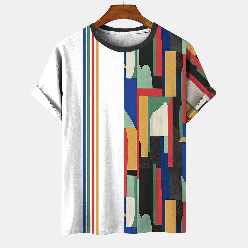 Геометрический полосатый узор, летний напечатанный высококачественный мужской топ, повседневный, простой, повседневный, модная рубашка свободного покроя с круглым вырезом и коротким рукавом