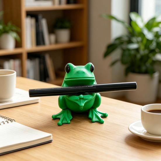 3D Printed Cute Frog Pen Holder, Bright Green Pen Stand with Pen-Grabbing Structure, Anti-Slip Desktop Organizer for Pens & Makeup Brushes, Creative