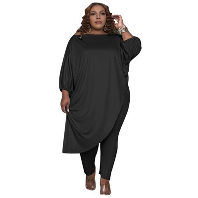 2 шт./комплект, большой размер, женская одежда, открытые плечи, косой подол, рукав три четверти, длинный топ, эластичные однотонные брюки, повседневная одежда