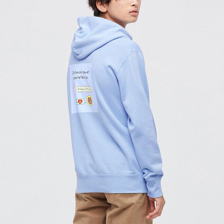 Uniqlo X Line Friends Мультяшный Медведь Принт Худи с Длинным Рукавом Мужские худи Светло-Голубой 446653-61