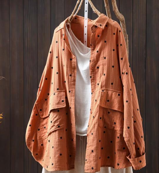 Johnature Женские рубашки в горошек, топы, блузки с отложным воротником, весенние пуговицы, длинные рукава, карманы, женские рубашки