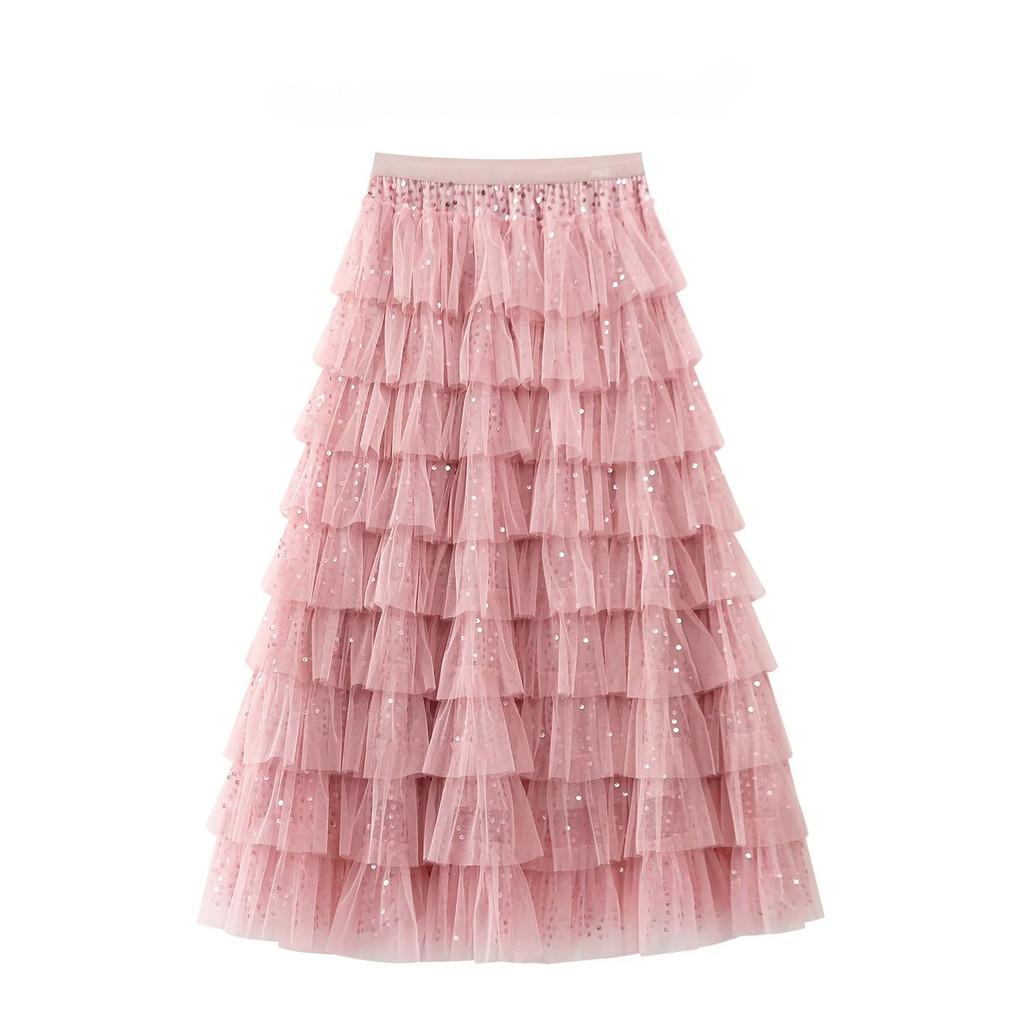 Qooth Sequin Tiered Cake Maxi Skirt for Women Fluffy Tulle Layered Full Flare Half Skirt with Sparkly Finish QT3003