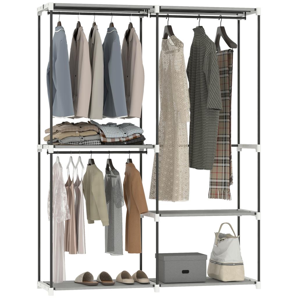 Open Wardrobe, 4 Fabric Shelves, 3 Hanging Rails, Metal Frame, 142 x 43 x 185 cm, Light Grey