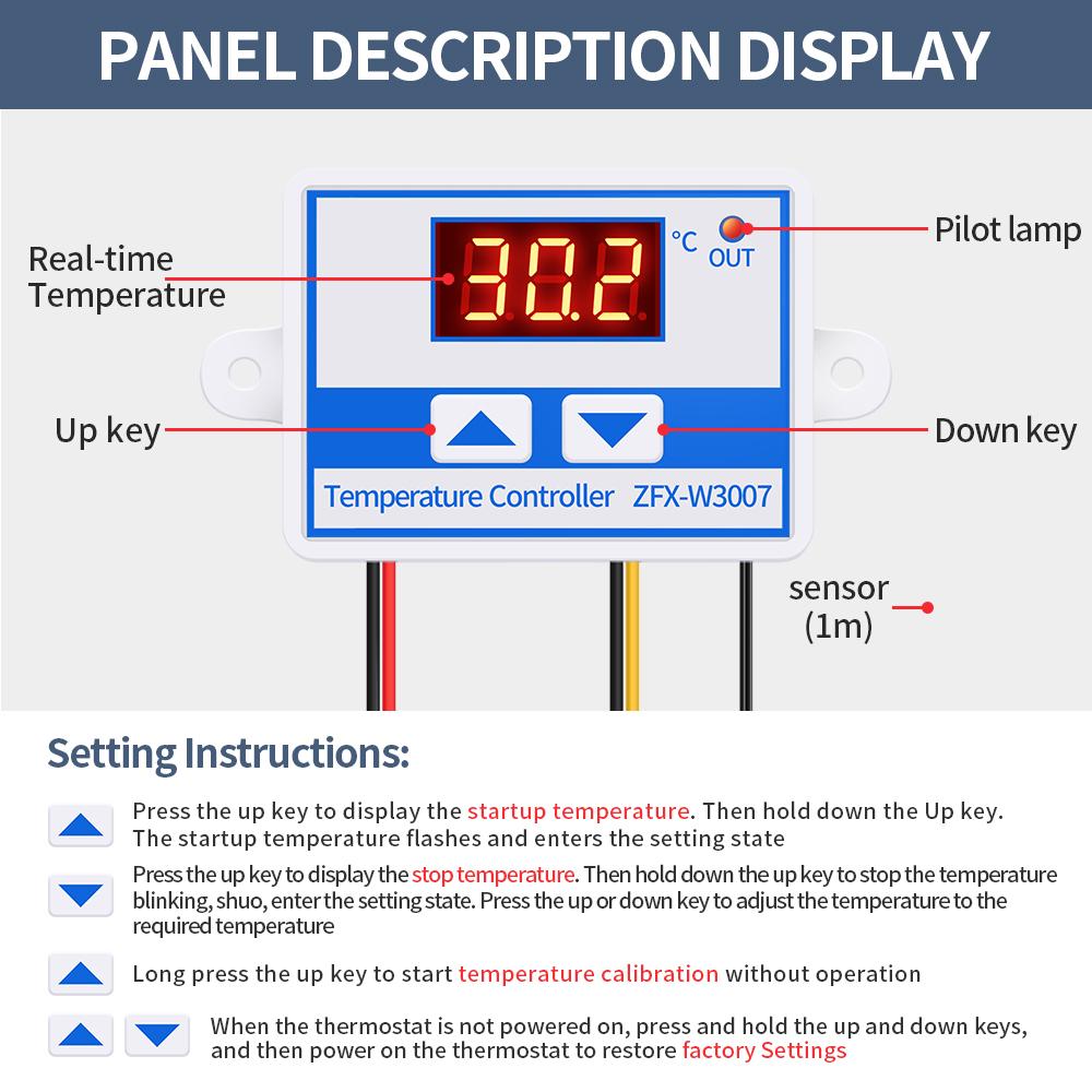 ZFX-W3007 Батарейный термостат DC12V 120W Прецизионный регулятор температуры Микрокомпьютерный переключатель контроля температуры для нагрева охлаждения