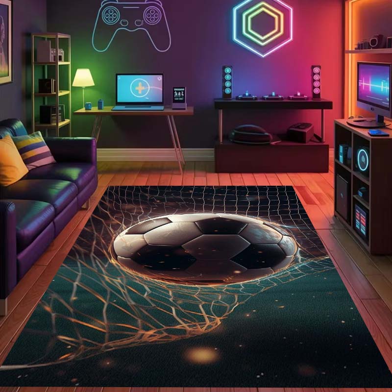 Flame-lit 3D soccer ball rug, gaming room mat for boys' bedrooms, cool and unique non-slip mat for bedside use.