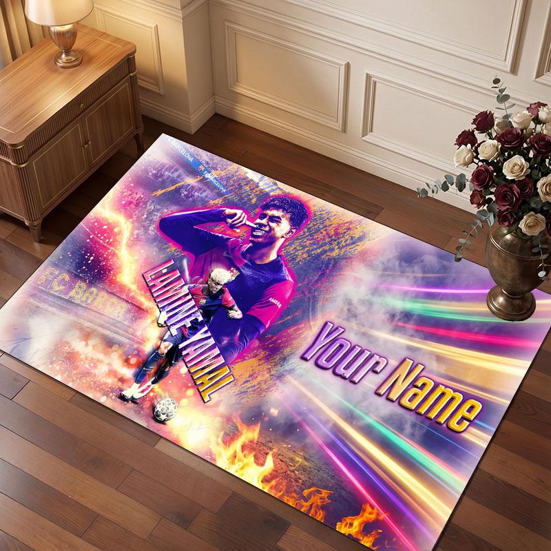 Lamine Yamal Custom Crystal Velvet Rug, Personalized Name Text Print, Football Logo Soft Non‑Slip Floor Mat Home Decor Gift