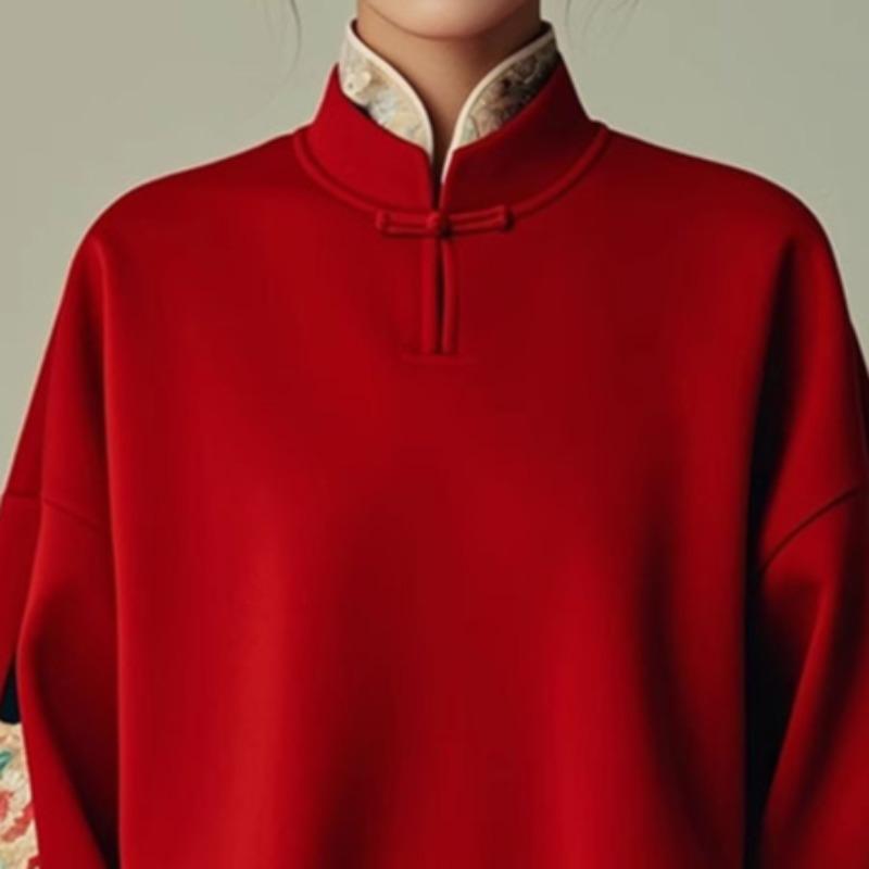 Женский свитер в китайском стиле с воротником-стойкой, вышитыми пуговицами, модный однотонный свободный повседневный топ с длинными рукавами