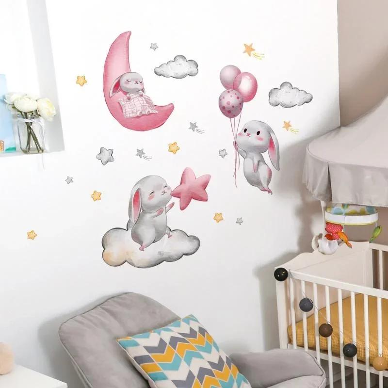 2024 New Wall Sticker Rabbit Cloud Balloon Star Wall Sticker Background Children's Room Decoration Wall Sticker Self Adhesive