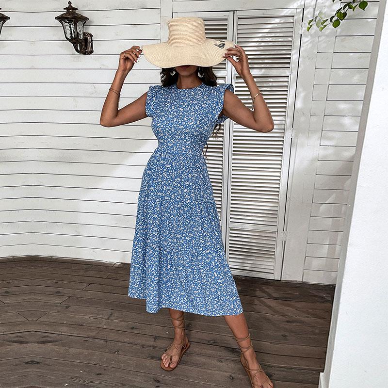 Летнее ретро женское шикарное длинное платье миди без рукавов с высокой талией и цветочным принтом