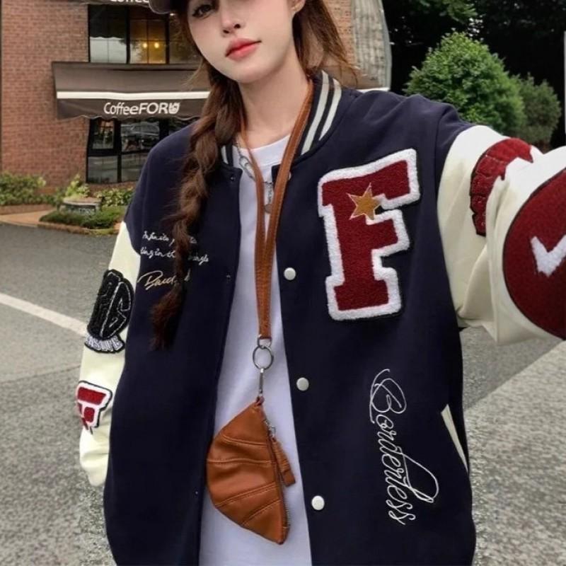 Unisex Vintage Baseball Jacket Casual Oversized Embroidered Letter Print Hoodie Style Coat