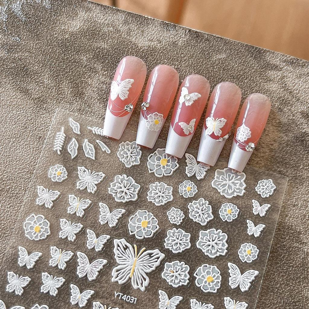 Тисненые наклейки для дизайна ногтей «Бабочки и цветы» от YITU: Изысканные ажурные дизайны с клейкой основой - YT4031