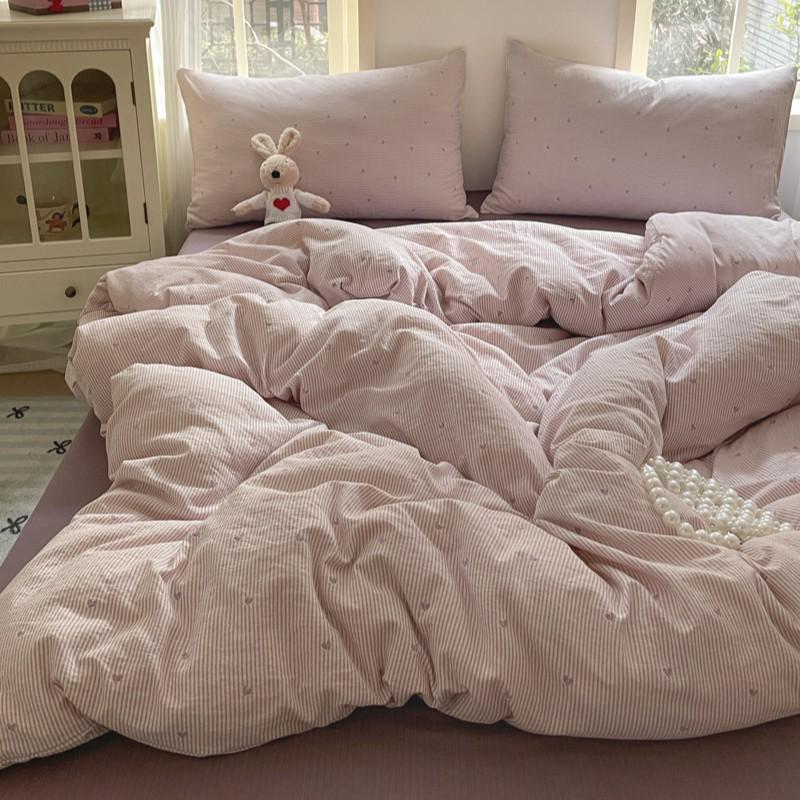 G5Z25 Jacquard Four-Piece Nude-Sleep Bedding Set with Cloud-Feel Double-Layer Gauze  for Girls, Includes Duvet Cover and Fitted Sheet