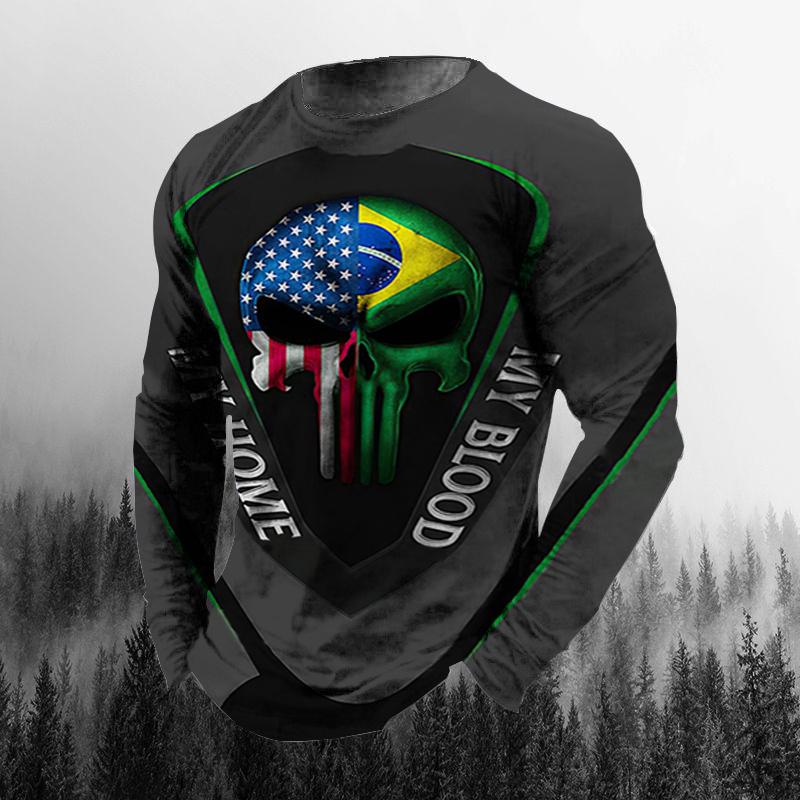 Винтажная осенняя мужская футболка с 3D принтом бразильского флага и круглым вырезом, повседневная футболка большого размера с длинными рукавами, модный пуловер, мужская одежда