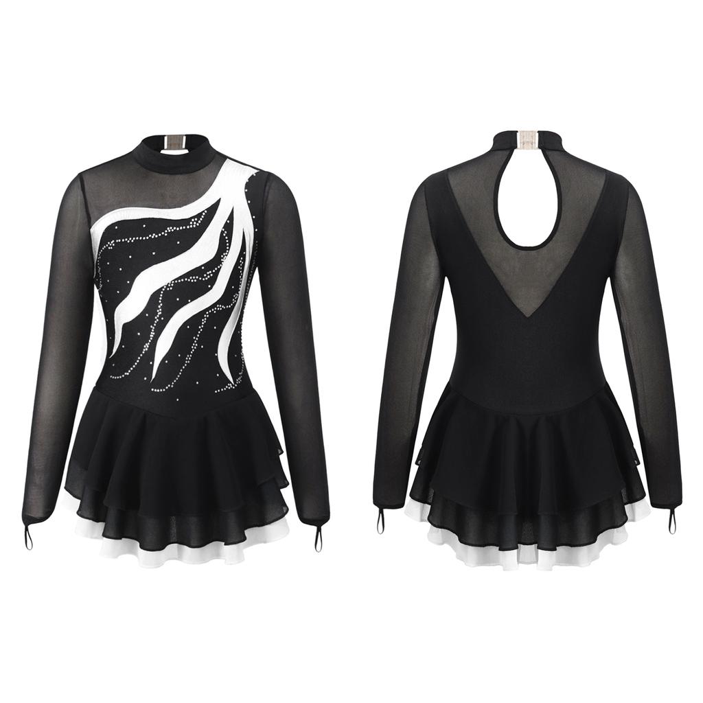 Child Girls Ballet Gymnastics Leotard Rhinestone Figure Ice Skating Dress Ballroom Dance Costume Training Performance Clothing