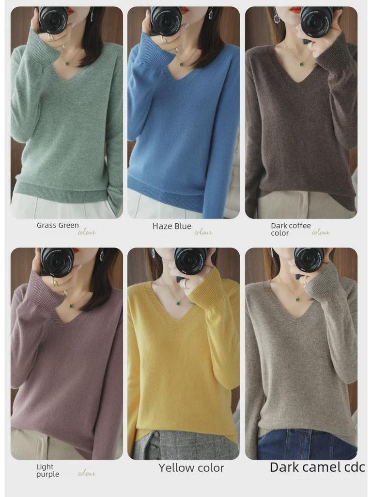 Женский свитер свободной вязки с V-образным вырезом 2024 года — длинный рукав, большой размер