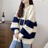 Sweater for Women Autumn Winter Thickened Hooded Pullover Warm Knitted Striped Stretchy Long Sleeve Oversize Jumper Sweater Tops