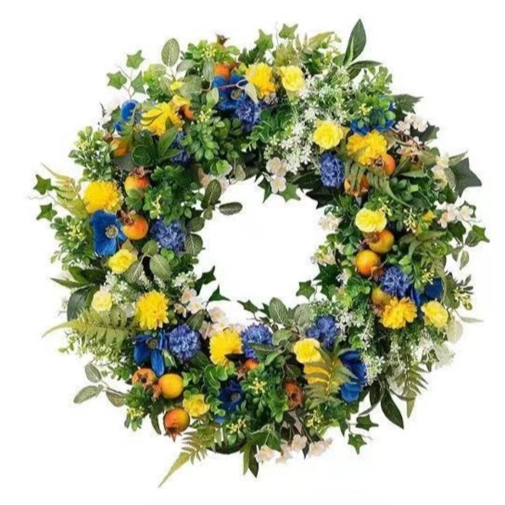 35/40/50cm Spring Summer Carnation Wreath for Front Door Valentines Day Wreath with Blue&Yellow Flower Door Wreath with Pomegranates Daisy for Wedding