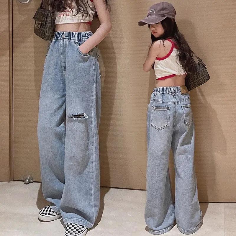 Middle Big Children Fashion Hole Mopping Jeans Girls Foreign Style All-mathc Loose Wide-leg Pants Children Casual Korean Trouser