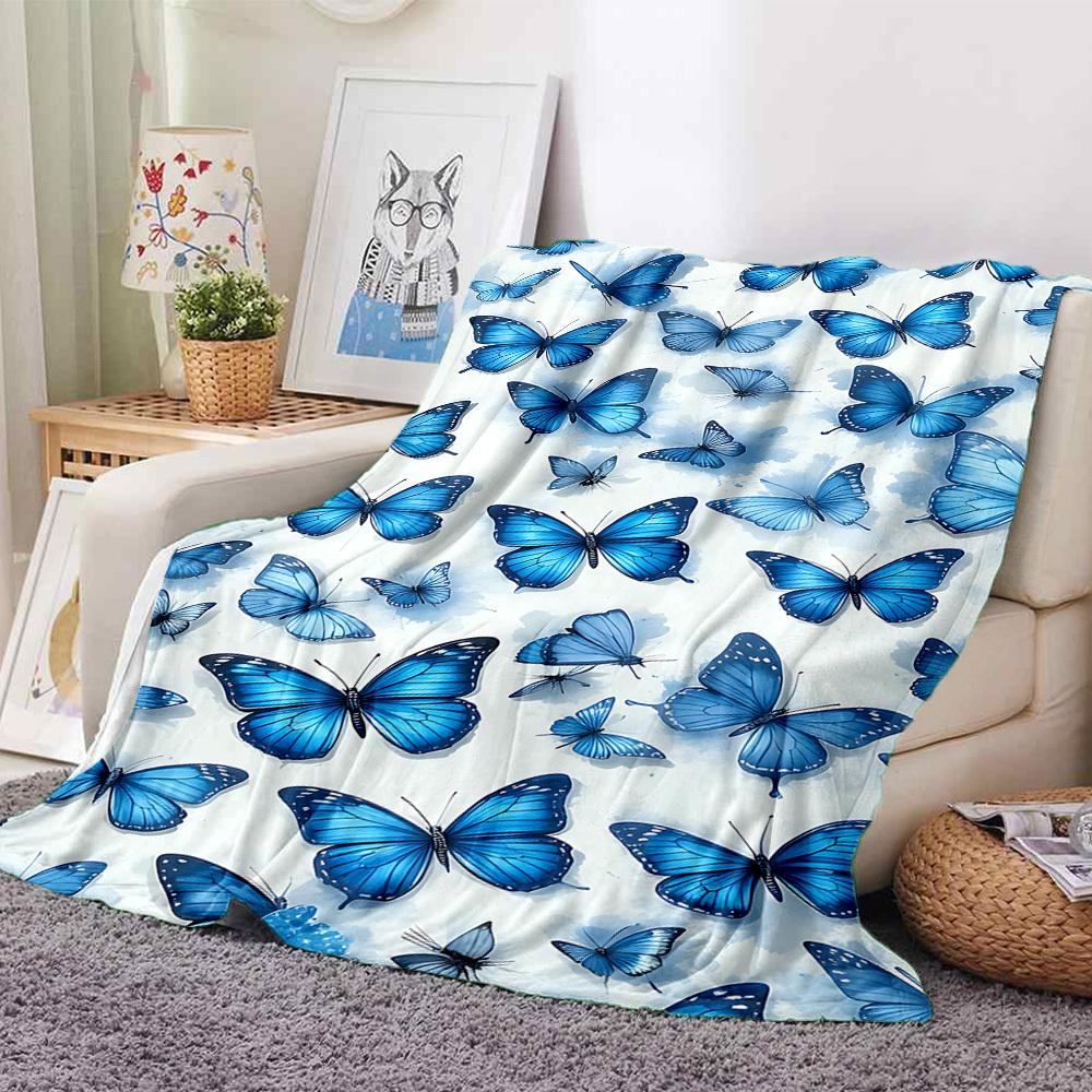 1pc Blue Butterflies Lightweight Flannel Blanket, Comfortable and Warm Blanket, for Office and Camping Sofa Bed, Livingroom031