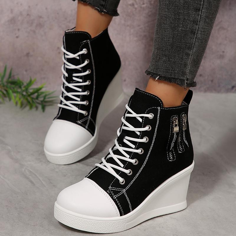 Fashion Women's Black White Wedge Sneakers Fashion High Top Lace Up Canvas Shoes for Women Lightweight Casual Platform Vulcanized Shoes