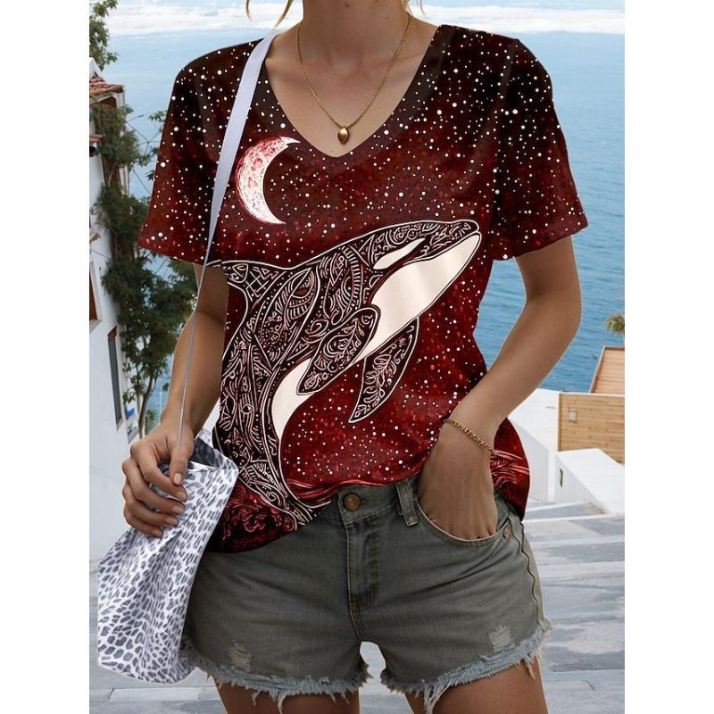 Fashion Women's Dolphin 3D Digital Printed Short Sleeved Top Summer V-neck Personalized T-shirt