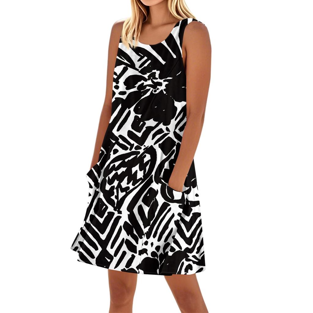 Женское повседневное и модное платье средней длины с круглым вырезом и без рукавов с принтом