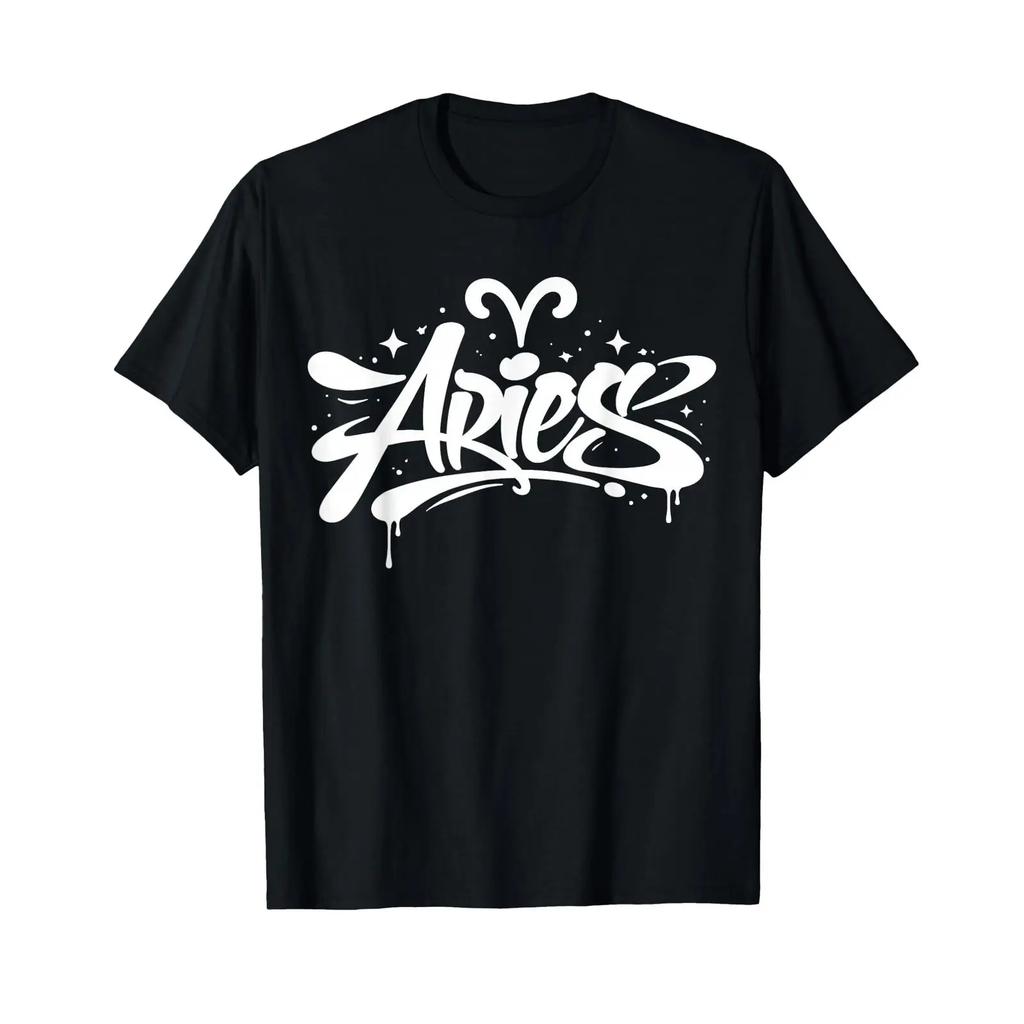Aries Graffiti Astrology Star Sign T Shirt vintage Washed graphic For Everyday Wear Casual Comf