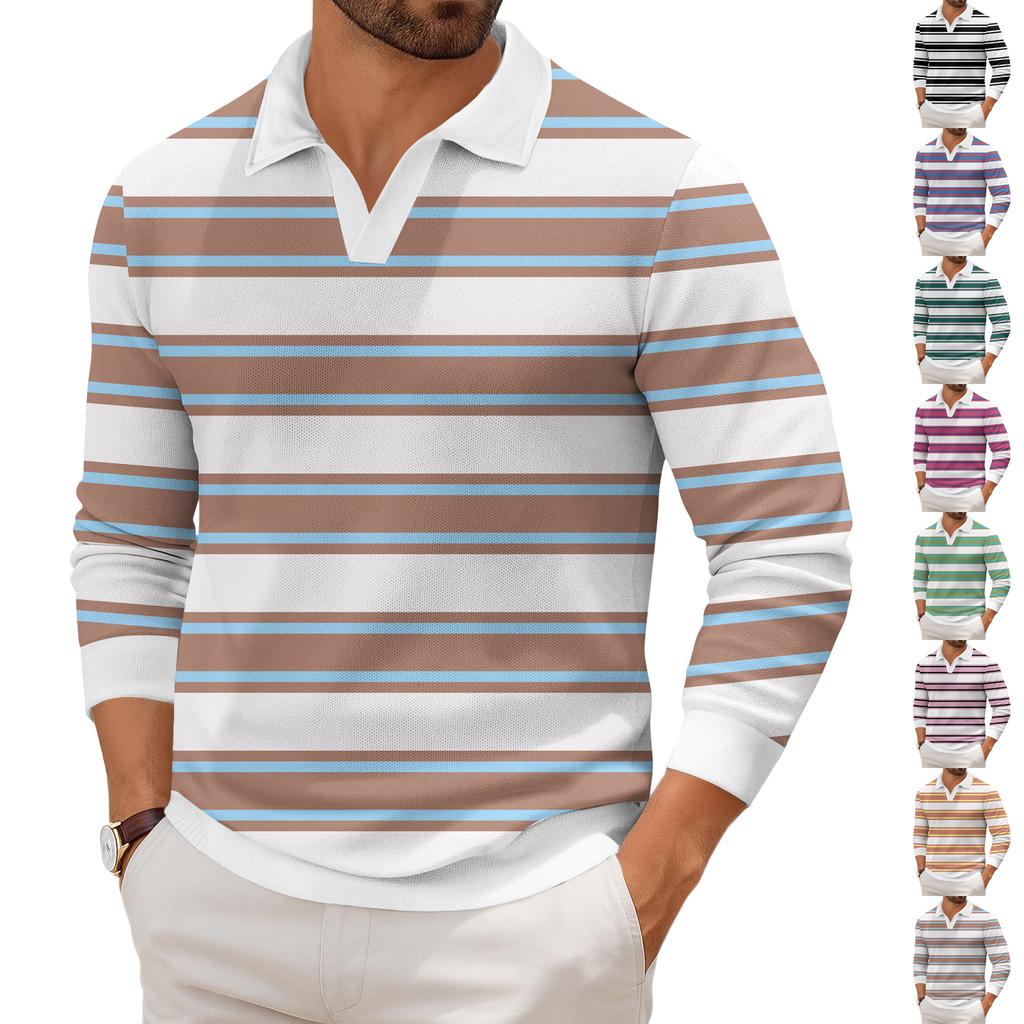 Men's Casual Fashion Printed Lapel Long-sleeved Knitted Bottoming Shirt Top