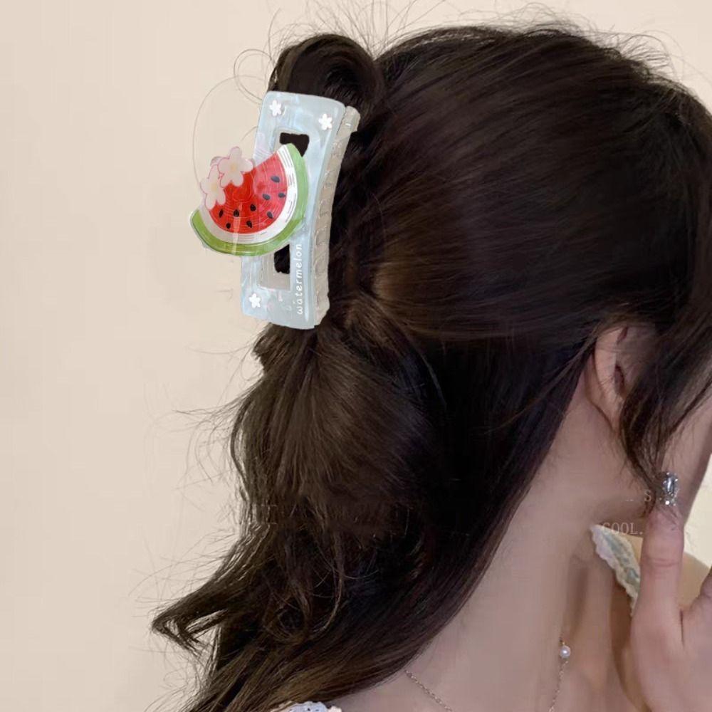 Cute Fruit Acetate Claw Clip Watermelon Ponytail Shark Clip Elegant Strawberry Shark Clip  Daily