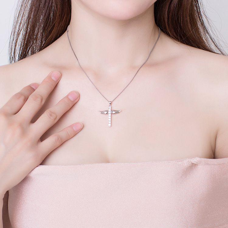 Elegant Silver Women Cross Love Angel Heart Wing Pendant Necklace For Stylish Ladies