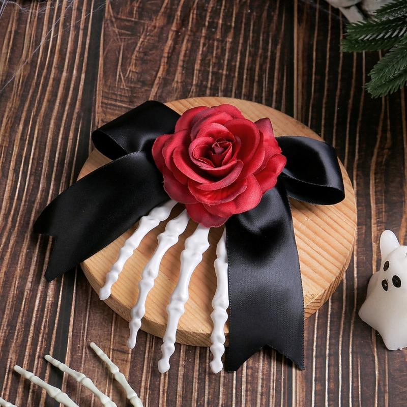 1pc Haunted Style Skeleton Hand Hair Clip Contrast Rose Bows Practical Plastic For Themed Dressing Up Event