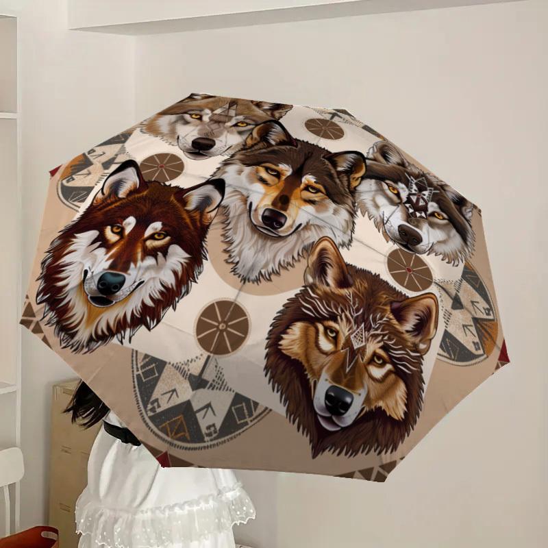 1pc Wolf Spirit Mandala Umbrella with Plastic Handle,Suitable for All Seasons Home Travel Outdoor UmbrellaDD259