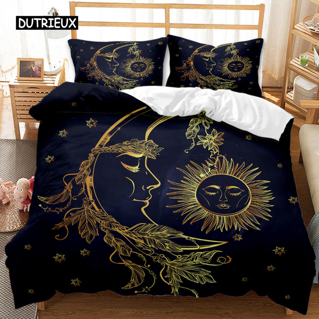 Комплект постельного белья в стиле бохо с 3D-изображением «Золотое солнце и луна» для детей, подростков, взрослых, двуспальный, размера «king-size», полиэстеровый чехол-кровать