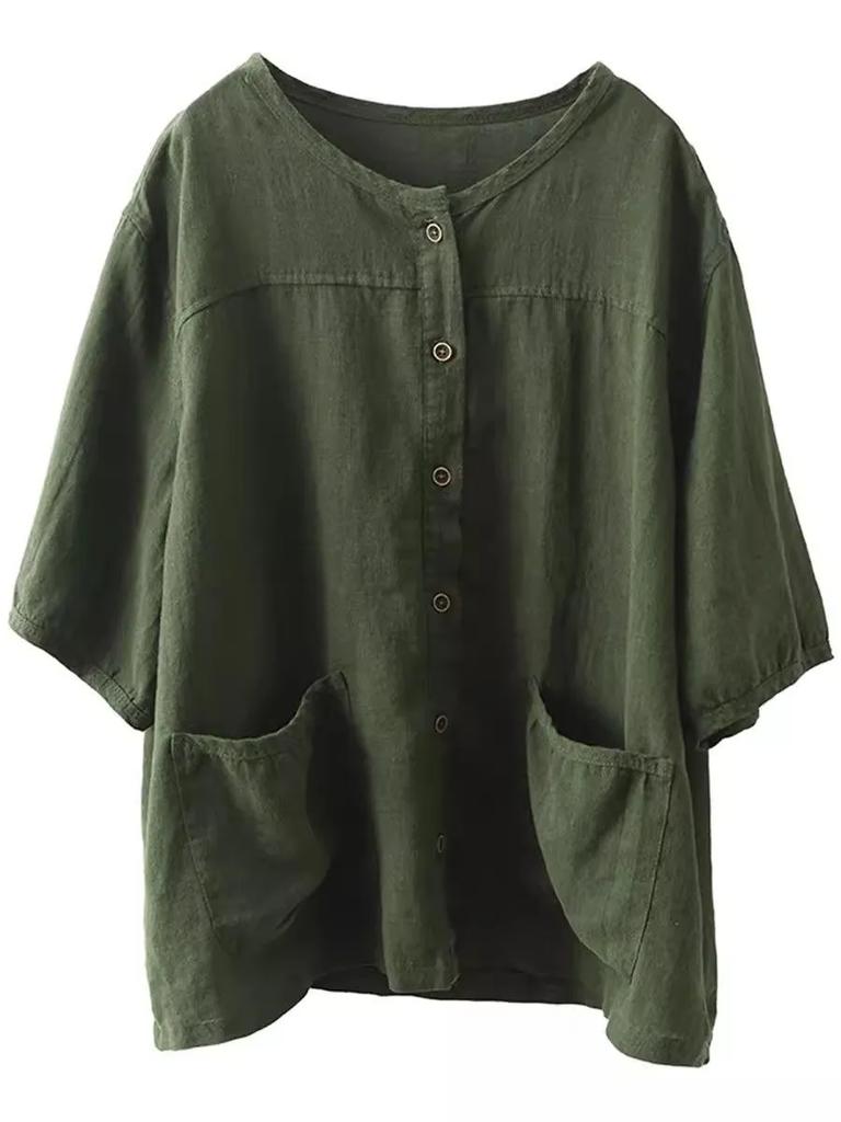 Женская летняя однотонная повседневная рубашка в стиле ретро с короткими рукавами, однобортный повседневный удобный топ
