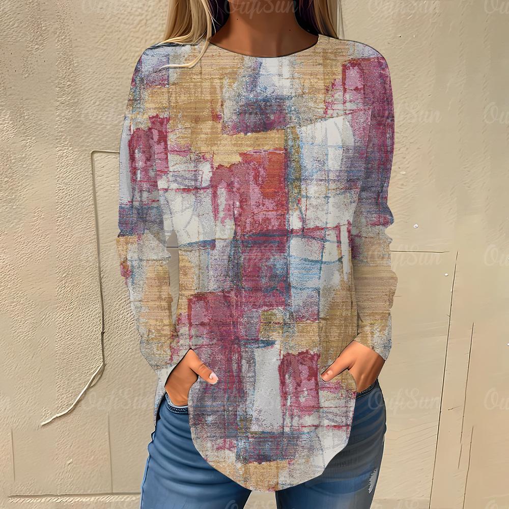 Irregular Color Blocks Pattern Print Women's T-shirts Autumn Casual Cotton Long Sleeves Tees Tops Female Clothing Streetwear