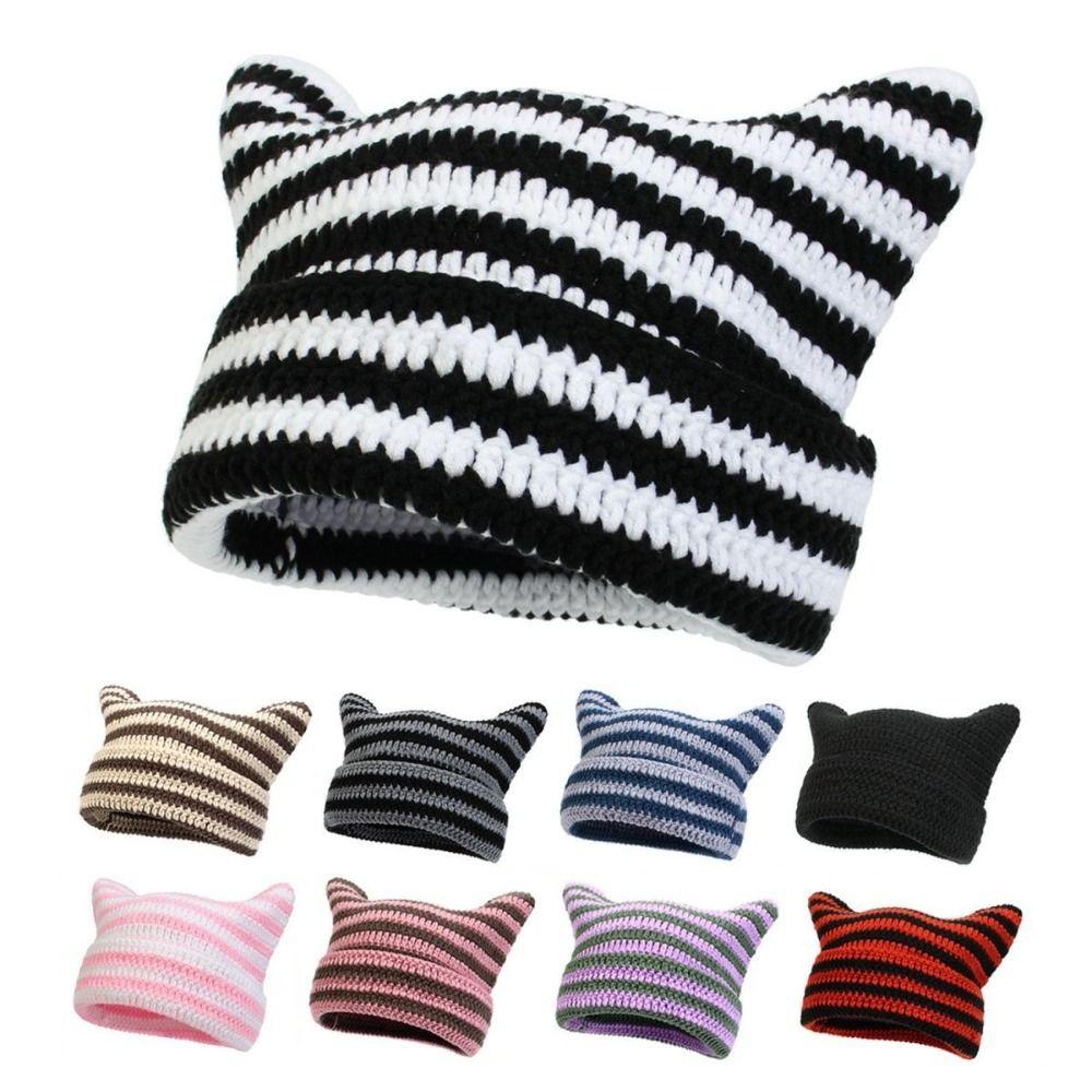 Y2K Stripe Knitted Hat Cute Pullover Hat Soft Little Devil Cap Winter Autumn