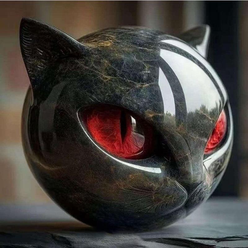 1Pcs Blue Luxurious Black Cat Stone Resin Sculpture - Elegant Volcanic Rock Effect Statue With