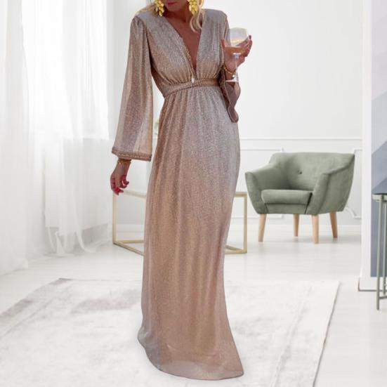 Платье вечернее в пол с глубоким V-образным вырезом, длинными рукавами, облегающее талию, с высокой талией, расшитое блестящими пайетками