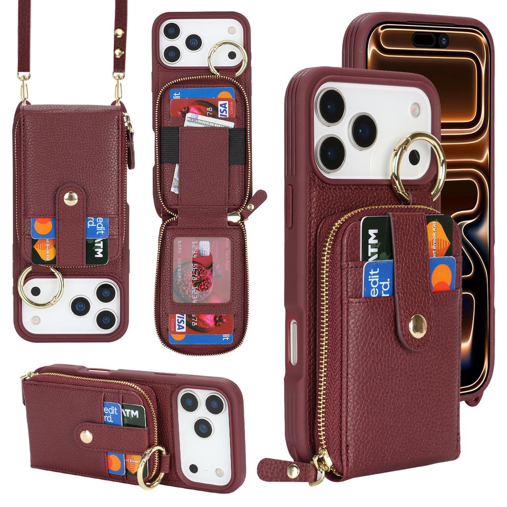 Чехол для iPhone 17 Pro Max с карманом на молнии / Кольцом-подставкой / Ремешком PU с текстурой личи + ТПУ Чехол для телефона