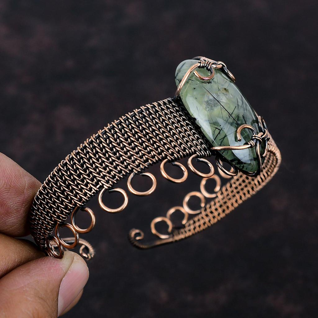 Moss Prehnite Bangle Copper Wire Wrapped Cuff Bracelet Handmade Copper Jewelry Adjustable Bangle Gemstone Stylish Jewelry Gift For Wedding
