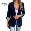 Short Blazer with Button Women Lapel Collar Blazer, 3/4 Sleeve Open Front Business Casual Suit Jacket, Office Work Jacket