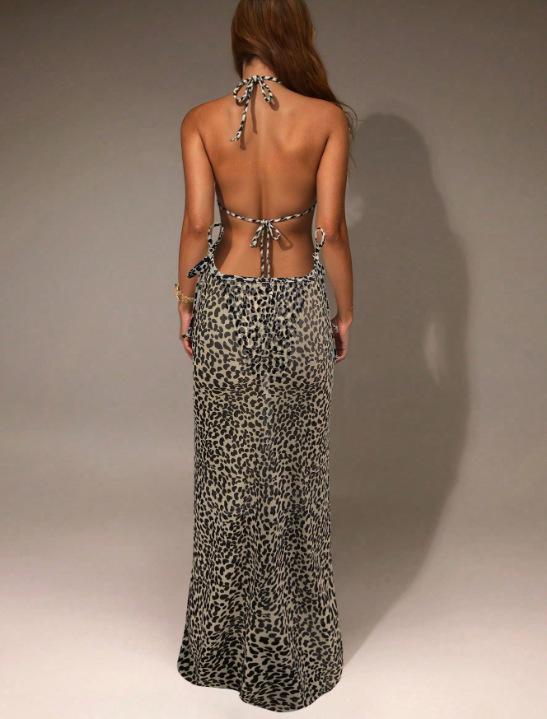 European and American style split triangular swimsuit female sexy leopard print small breasts gather low waist lace-up bikini women's three-piece set