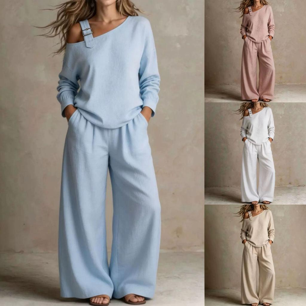 Women's casual loose women's fashion shoulder sweater wide-leg pants autumn two-piece set