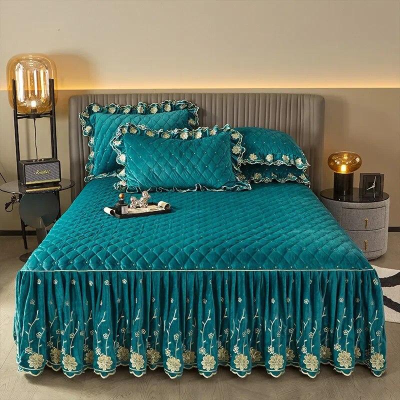 Стеганое покрывало с цветочной вышивкой, плотная бархатная юбка-кровать, роскошная мягкая юбка с 2 подушками, дропшиппинг Queen King