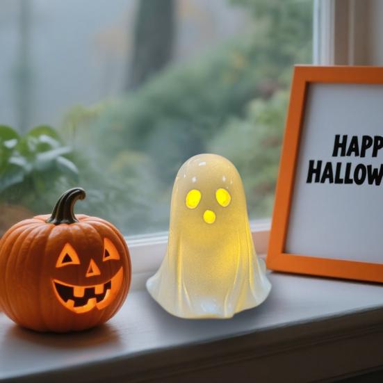 Resin Light-up Ghost Halloween Decor Little White Ghost Figurine Cute Glowing Ghost Statue for Home Table Tiered Tray Decor