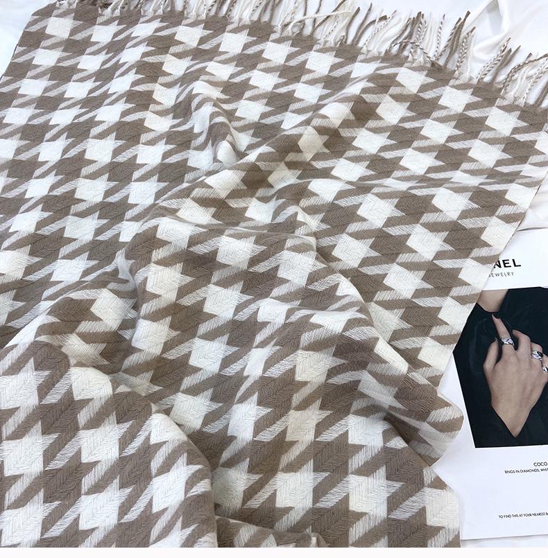 Women's Medium-Length Houndstooth Scarf - Warm, Sweet Style, Imitation Cashmere, Tassel Snood, Thick Shawl