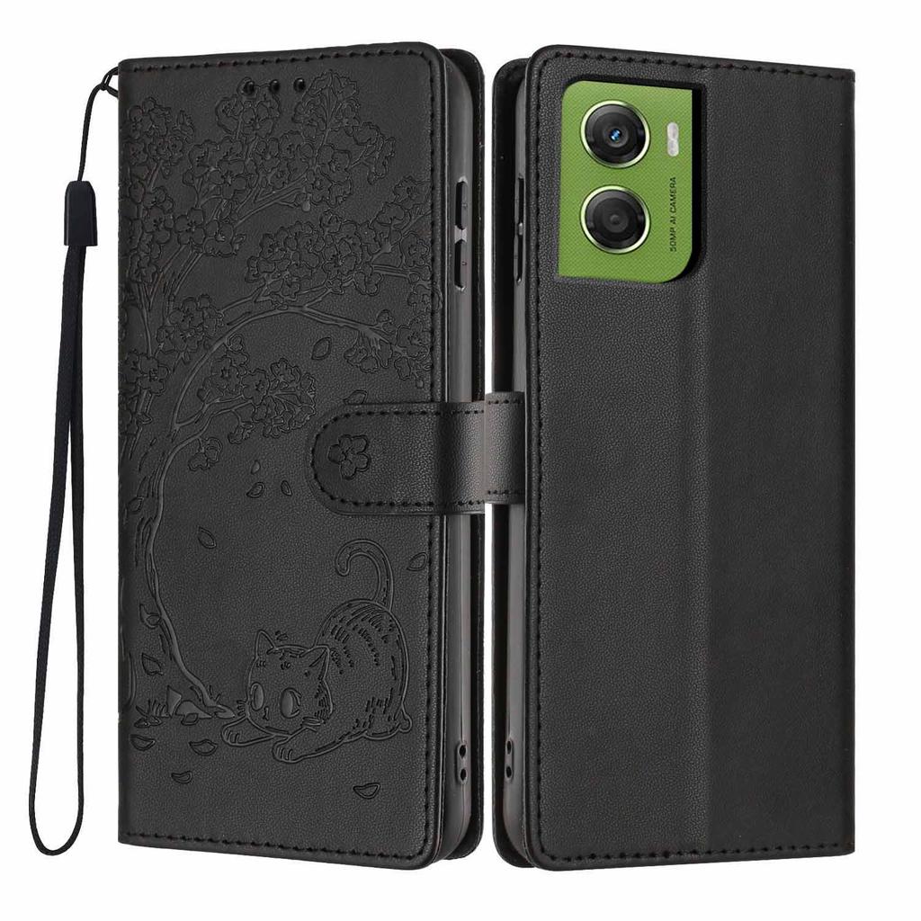For Motorola Moto G06 4G/G06 Power 4G Stand Case Tree-and-Cat Pattern PU Leather Wallet Protective Phone Cover with Wrist Strap