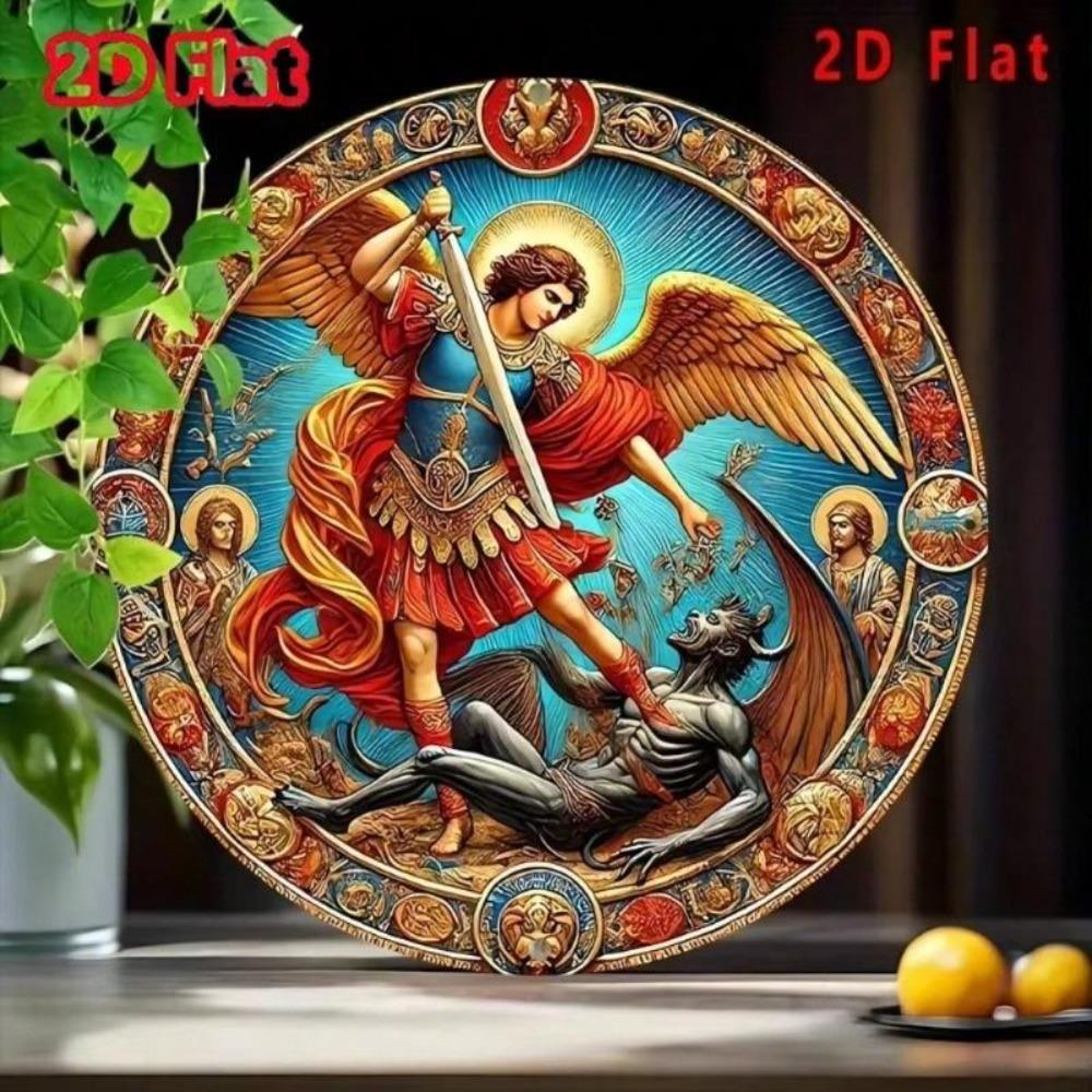 Flat Round Metal Wall Decor 2D Vintage Artwork Archangel Michael Demon Aluminum Sign 8x8 Inch